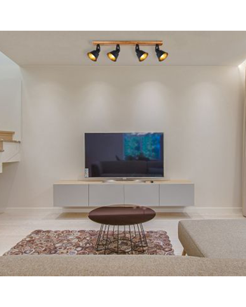 82cm 4-spotlight strip in metal and wood black finish E27 60W