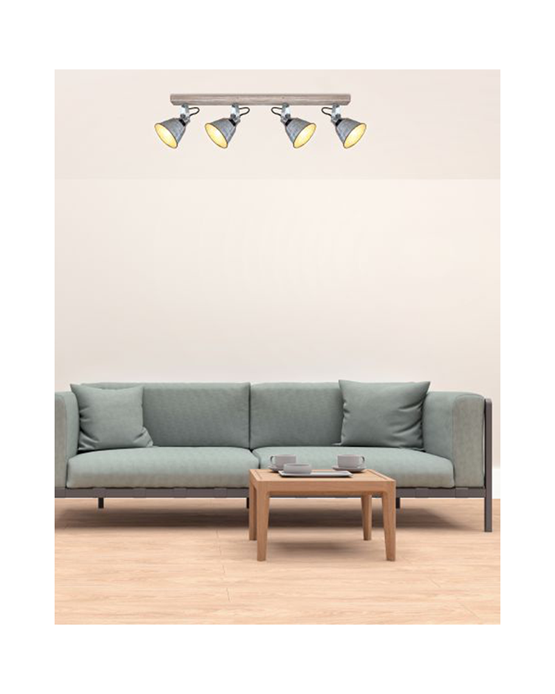 Regleta 4 focos 82cm en metal y madera acabado zinc E27 60W