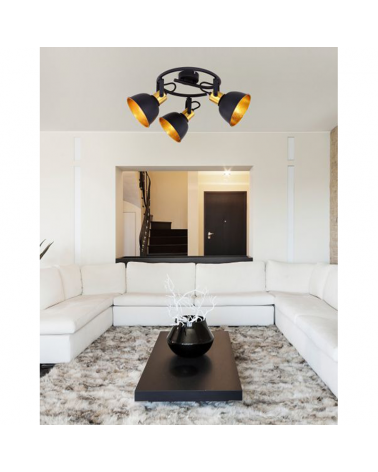 Ceiling lamp 25cm 3 spotlights in black metal with golden lampshade interior 25W 3xE14