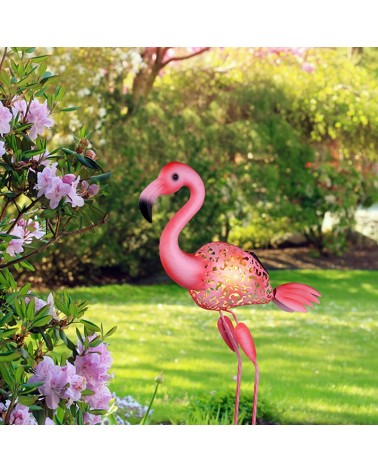Lampara de pie solar para jardin solar forma flamenco rosa 74cm metal rosa