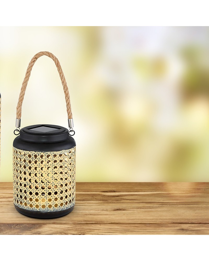 Plastic solar lantern optical imitation bamboo grid small cannage 16cm rope handle