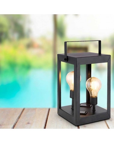 Rectangular black solar lantern with handle, two amber plastic and metal bulbs, 23cm
