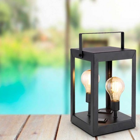 Rectangular black solar lantern with handle, two amber plastic and metal bulbs, 23cm