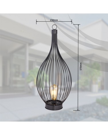 Solar lantern or floor lamp for table black metal cage with plastic bulb LED 57cm