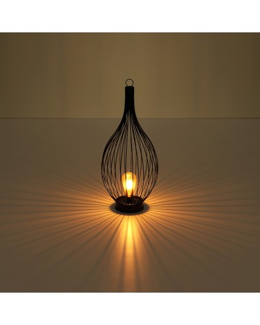 Farol o lámpara de pie solar de mesa jaula metal negro con bombilla de plastico LED 57cm