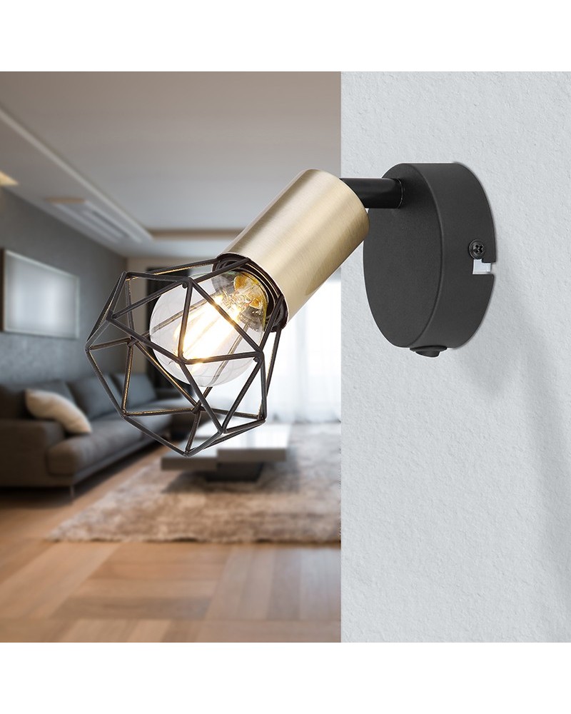Aplique pared vintage 12,5cm en metal acabado latón pantalla y base negro mate estructura metal E14 40W