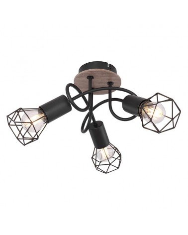 Vintage industrial ceiling lamp 38cm with 3 tangled oscillating spotlights in wood and matt black finish 3xE14 40W