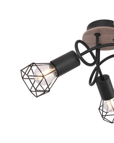 Vintage industrial ceiling lamp 38cm with 3 tangled oscillating spotlights in wood and matt black finish 3xE14 40W
