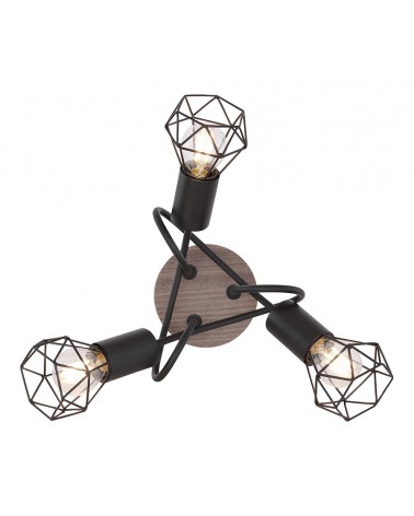 Vintage industrial ceiling lamp 38cm with 3 tangled oscillating spotlights in wood and matt black finish 3xE14 40W