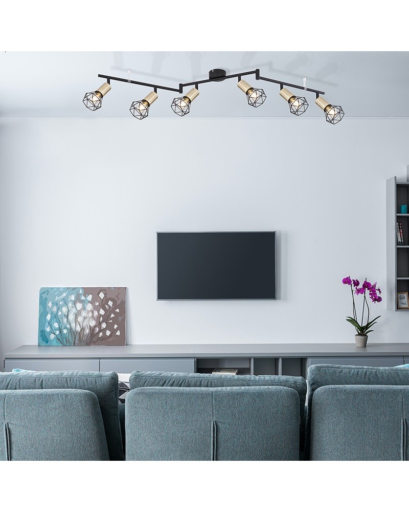 Regleta flexible acabado latón y negro mate 188cm de 3 tres tramos con 6 focos oscilantes 6xE14 40W