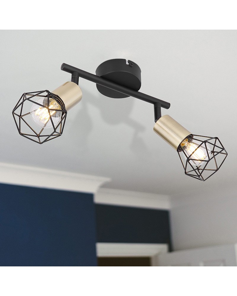 Industrial vintage ceiling strip with 2 oscillating spotlights, brass lampholder finish and matt black base, 2xE14 40W