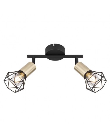 Industrial vintage ceiling strip with 2 oscillating spotlights, brass lampholder finish and matt black base, 2xE14 40W