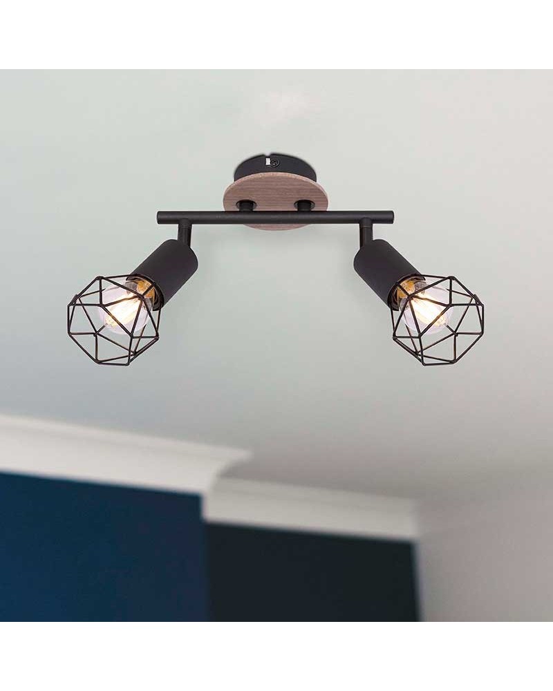 Industrial vintage ceiling strip with 2 oscillating spotlights, black lampholder finish and matt wood base, 2xE14 40W