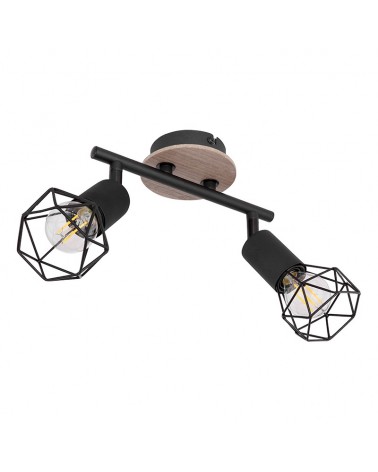 Industrial vintage ceiling strip with 2 oscillating spotlights, black lampholder finish and matt wood base, 2xE14 40W