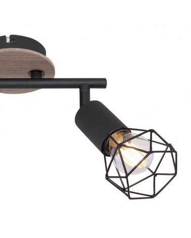 Regleta de techo vintage industrial con 2 focos oscilantes acabado portalamparas negro y base madera mate 2xE14 40W