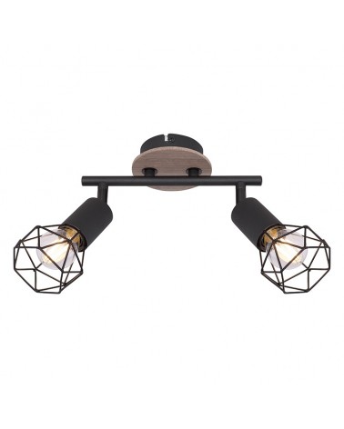 Regleta de techo vintage industrial con 2 focos oscilantes acabado portalamparas negro y base madera mate 2xE14 40W