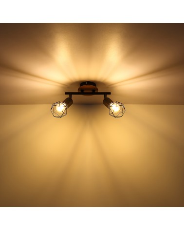 Regleta de techo vintage industrial con 2 focos oscilantes acabado portalamparas negro y base madera mate 2xE14 40W