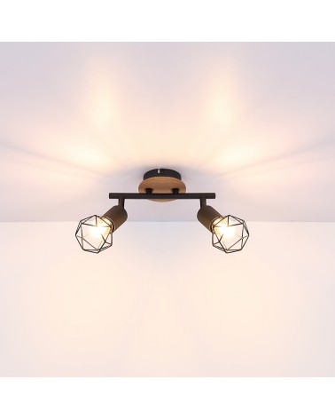 Industrial vintage ceiling strip with 2 oscillating spotlights, black lampholder finish and matt wood base, 2xE14 40W