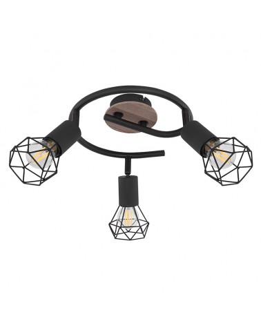 Circular ceiling lamp 23 cm vintage industrial with 3 oscillating spotlights black finish lampholder wood base 3xE14 40W