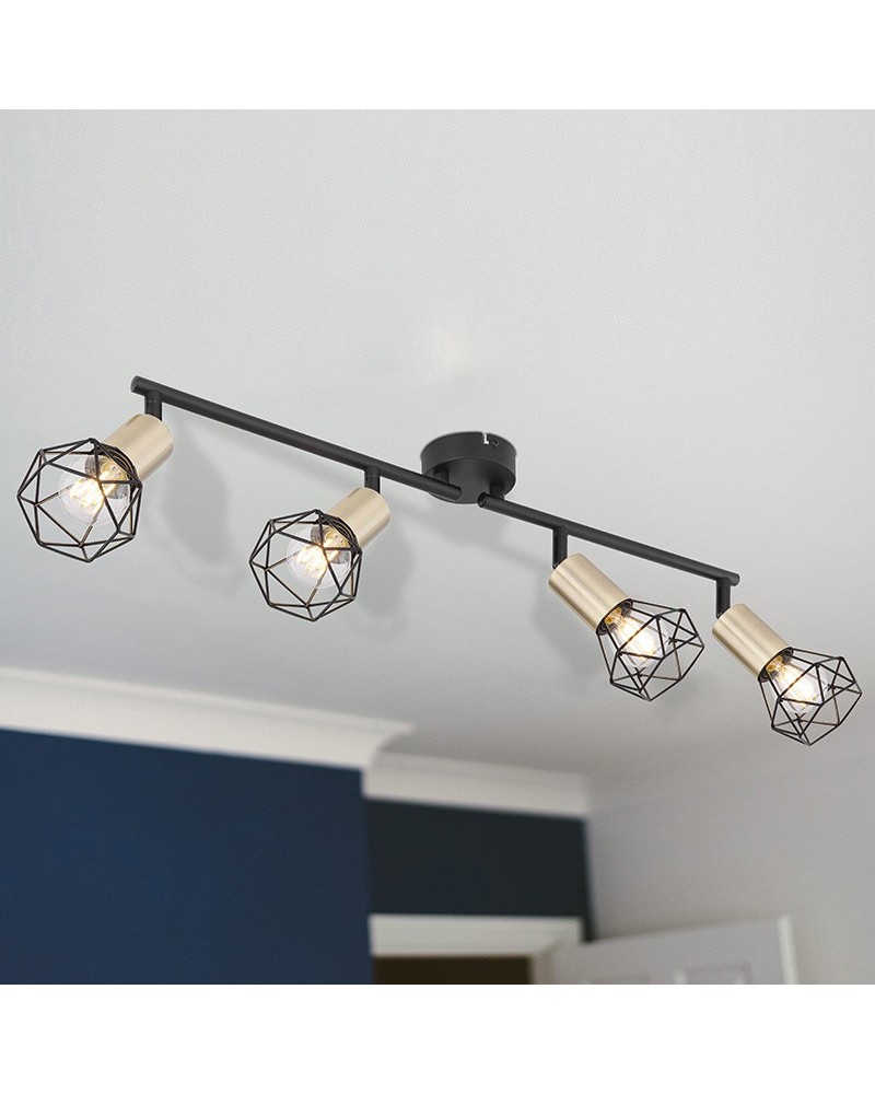 Industrial vintage ceiling strip 60cm with 4 oscillating spotlights gold brass lamp holder finish black base 4xE14 40W