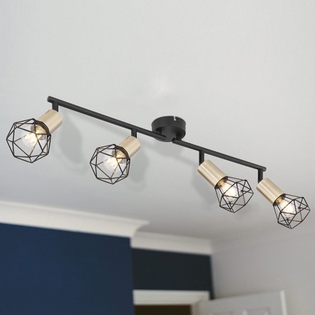 Industrial vintage ceiling strip 60cm with 4 oscillating spotlights gold brass lamp holder finish black base 4xE14 40W