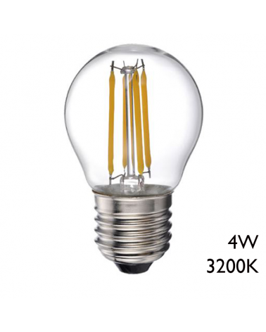 Bombilla esférica 45mm clara filamentos LED E27 4W 3200K 550Lm