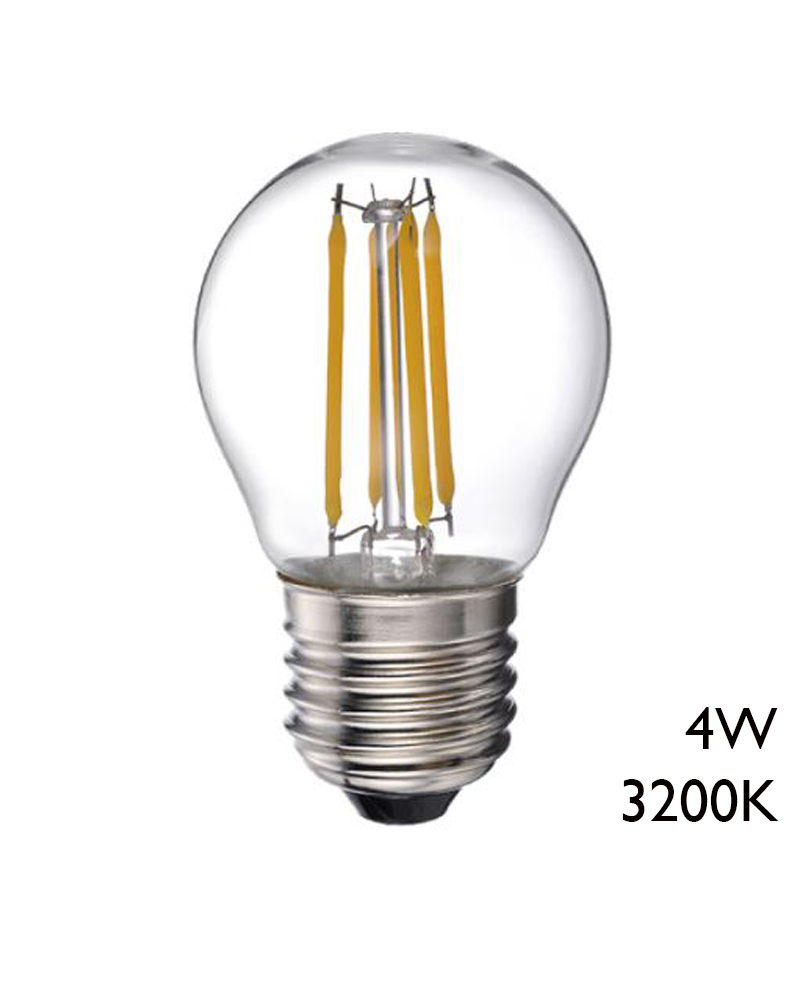 Bombilla esférica 45mm clara filamentos LED E27 4W 3200K 550Lm