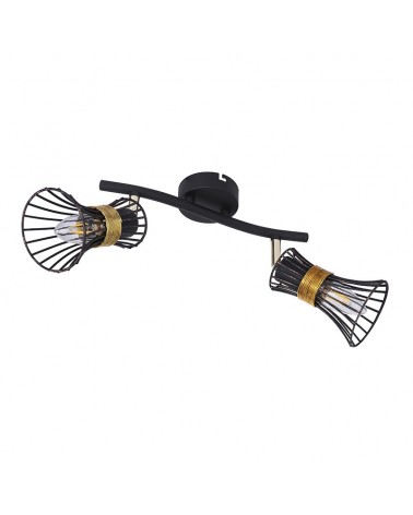 Ceiling strip with 2 spotlights, hood shade, black and gold bars and brass trim, 2 x E14 40W