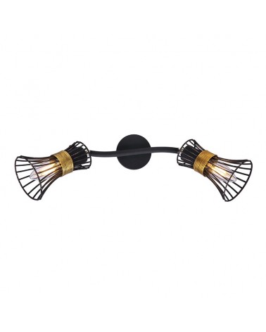 Ceiling strip with 2 spotlights, hood shade, black and gold bars and brass trim, 2 x E14 40W