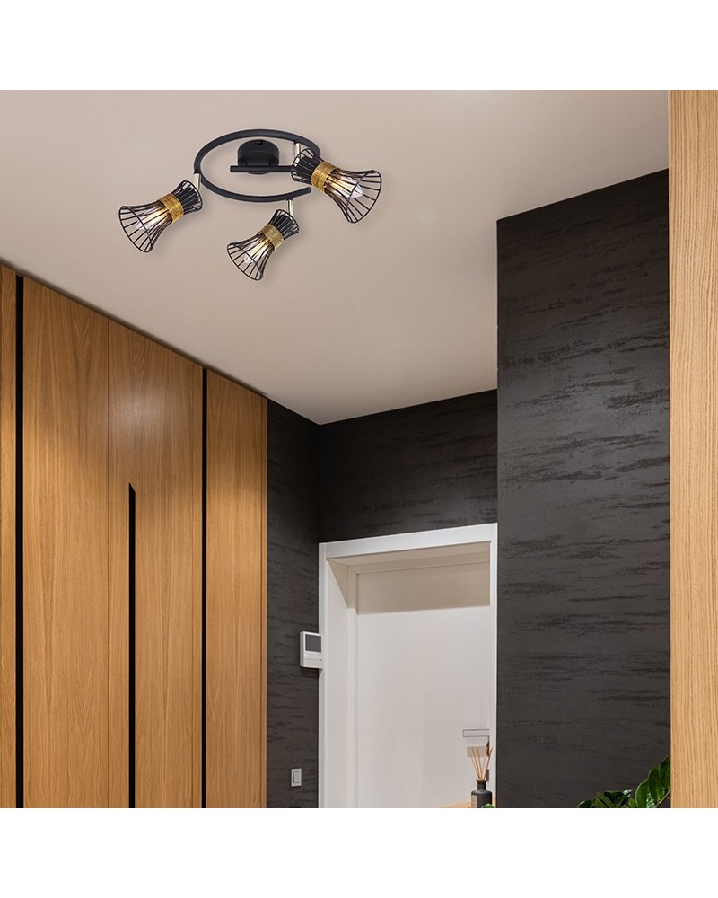 Plafón de techo circular 25 cm con 3 focos pantalla campanas rejas negras y dorada y adorno laton 3 x E14 40W