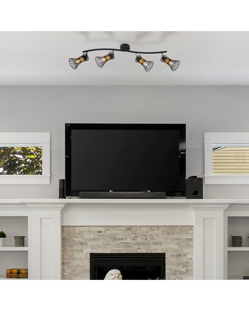 Regleta de techo con 4 focos pantalla campanas rejas negras y dorada y adorno laton 4 x E14 40W