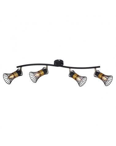 Ceiling strip with 4 spotlights, hood shade, black and gold bars and brass trim, 4 x E14 40W