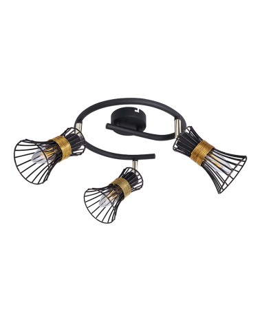 Circular ceiling lamp 25 cm with 3 spotlights, hood shade, black and gold grilles and brass trim, 3 x E14 40W