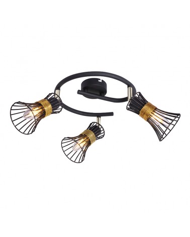 Circular ceiling lamp 25 cm with 3 spotlights, hood shade, black and gold grilles and brass trim, 3 x E14 40W