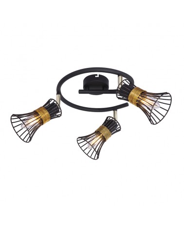 Circular ceiling lamp 25 cm with 3 spotlights, hood shade, black and gold grilles and brass trim, 3 x E14 40W
