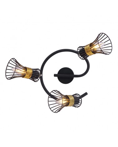 Circular ceiling lamp 25 cm with 3 spotlights, hood shade, black and gold grilles and brass trim, 3 x E14 40W