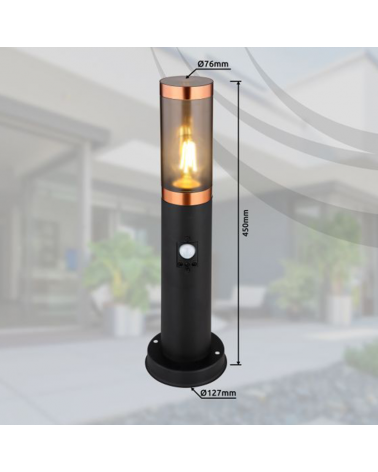 Outdoor beacon 45cm stainless steel black and copper finish E27 15W IP44 MOTION SENSOR