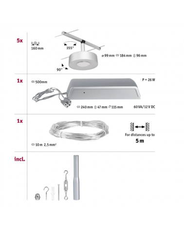 Set de sistema de cable LED 5x180lm 5x5W 3000K 230/12V