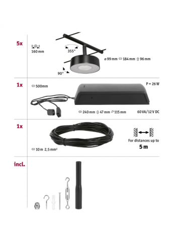 Set de sistema de cable LED 5x180lm 5x5W 3000K 230/12V