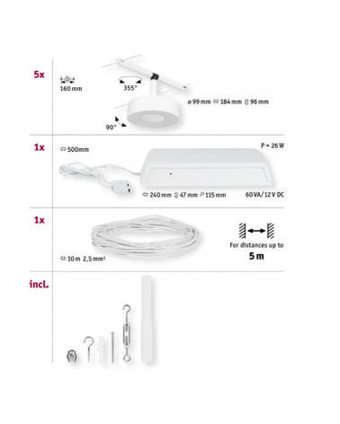 Set de sistema de cable LED 5x180lm 5x5W 3000K 230/12V