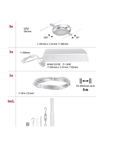 Sistema de cable LED Set 5x450lm 5x4,5W 3000K 230/12V nickel blanco mate o negro
