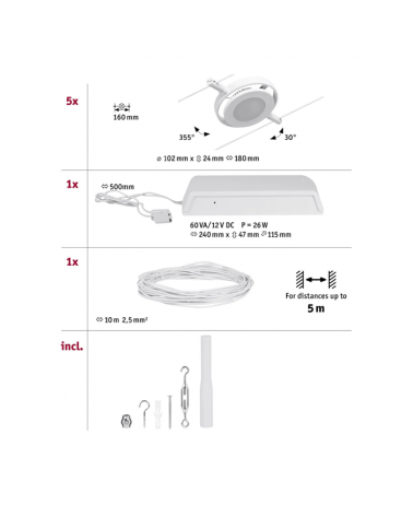 LED cable system Set 5x450lm 5x4.5W 3000K 230/12V nickel, matt white or black