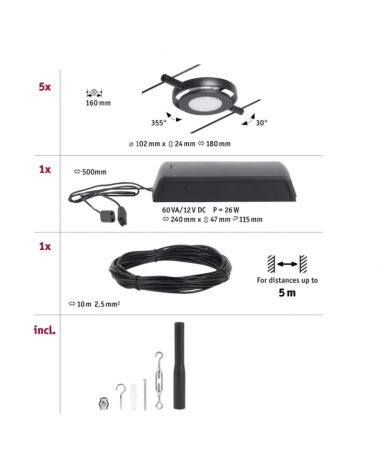 LED cable system Set 5x450lm 5x4.5W 3000K 230/12V nickel, matt white or black