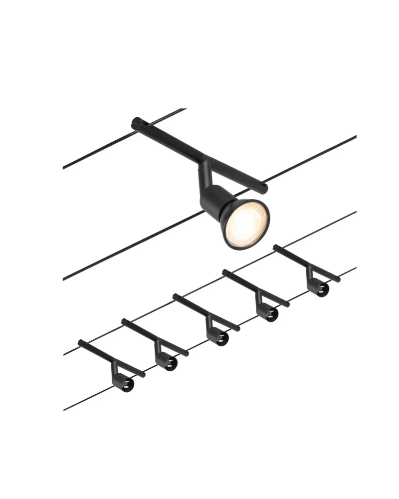 Sistema de cable cromado mate blanco o negro con 5 focos máx. 5x10W GU5.3