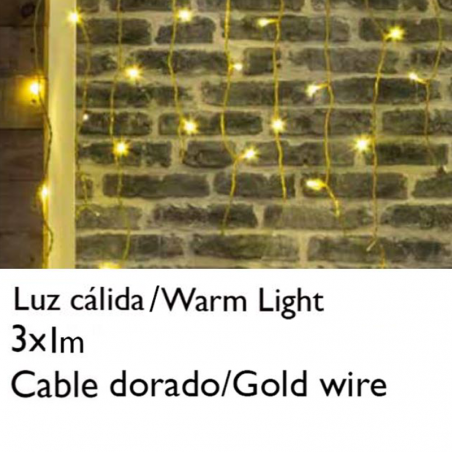 Cortina de LED 3x1m efecto hielo icicle estalactita luz cálida cable dorado empalmable con 102 leds IP20