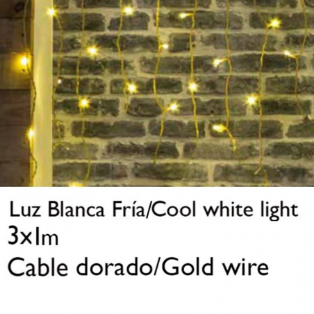 Cortina de LED 3x1m efecto hielo icicle estalactita luz blanca cable dorado empalmable con 102 leds IP20