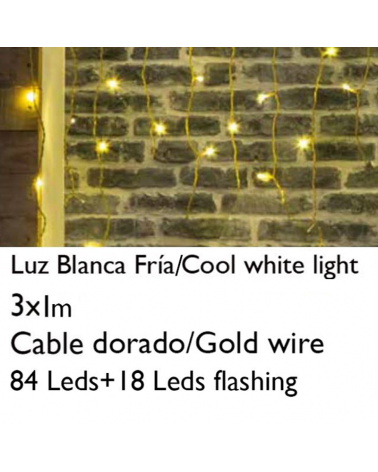 Cortina de LEDs 3x1m efecto hielo icicle luz blanca cable dorado empalmable con 102 leds (18Leds flashing) IP20