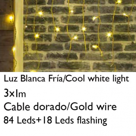Cortina de LEDs 3x1m efecto hielo icicle luz blanca cable dorado empalmable con 102 leds (18Leds flashing) IP20