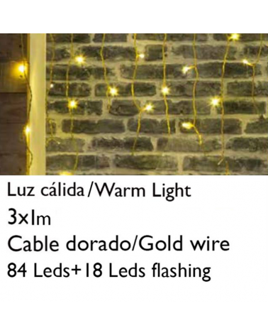 Cortina de LEDs 3x1m efecto hielo icicle luz cálida cable dorado empalmable con 102 leds (18Leds flashing) IP20