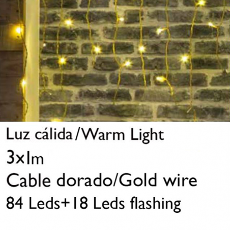 LED curtain 3x1m ice effect icicle warm light gold cable connectable with 102 leds (18Leds flashing) IP20